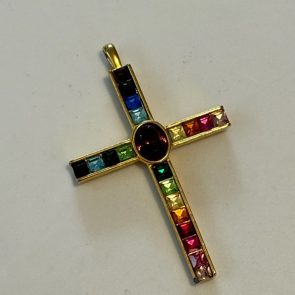 Multicolor Gemstone Gold Cross Pendant - Picture 6 of 7